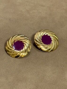 Gold-Tone Swirl Earrings with Purple Enamel Center